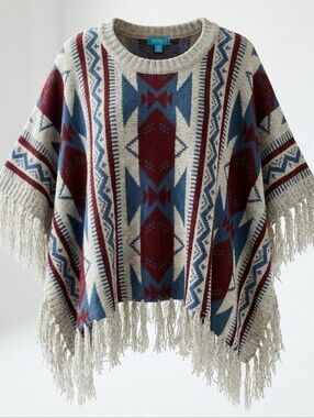 Aztec Fringe Knit Poncho Boho Artsy Sweater Western Yellowstone Style Sz. OS